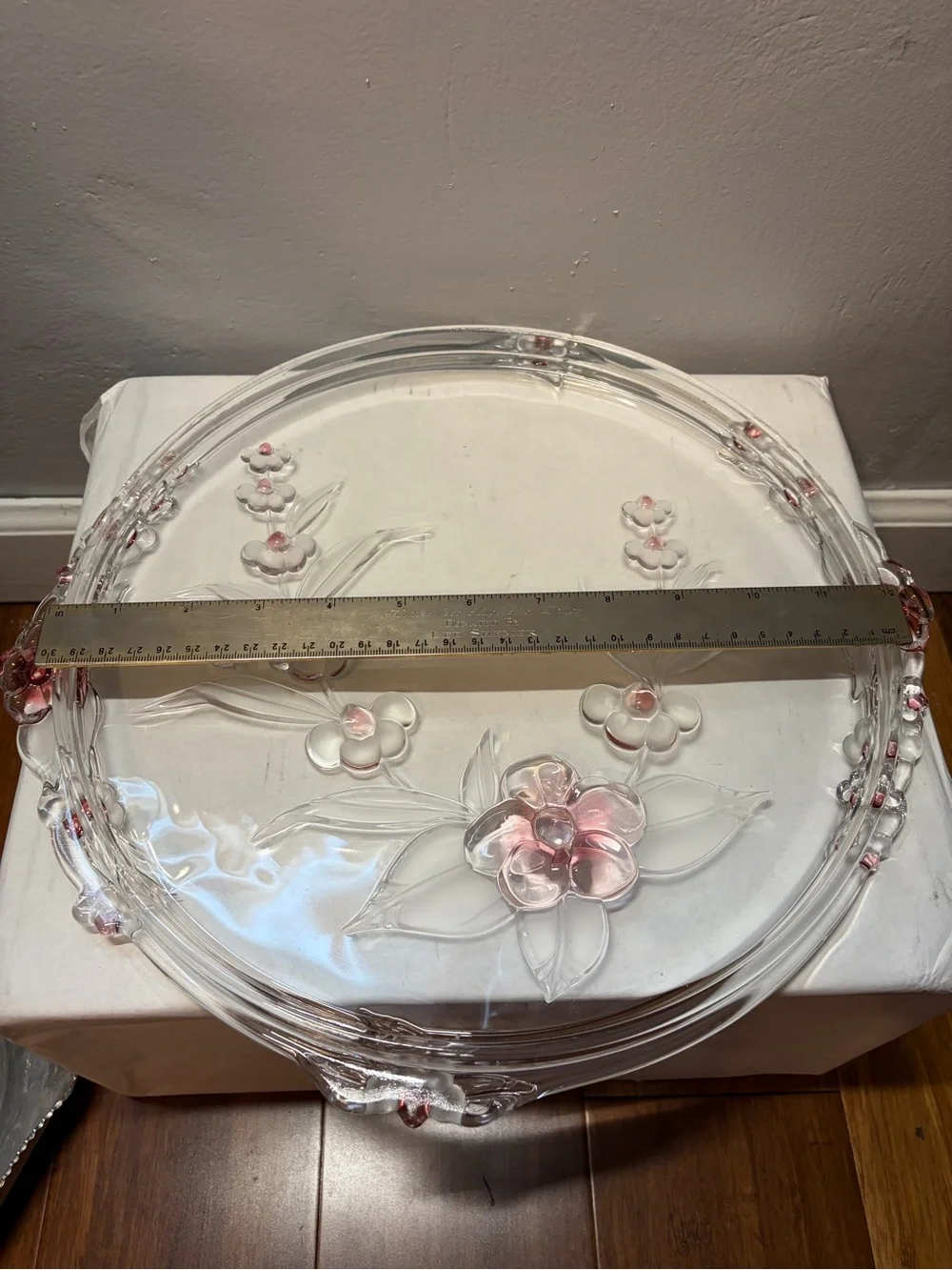Vintage Mikasa Blossom Time Crystal Cake Platter Pink Floral 12.5”